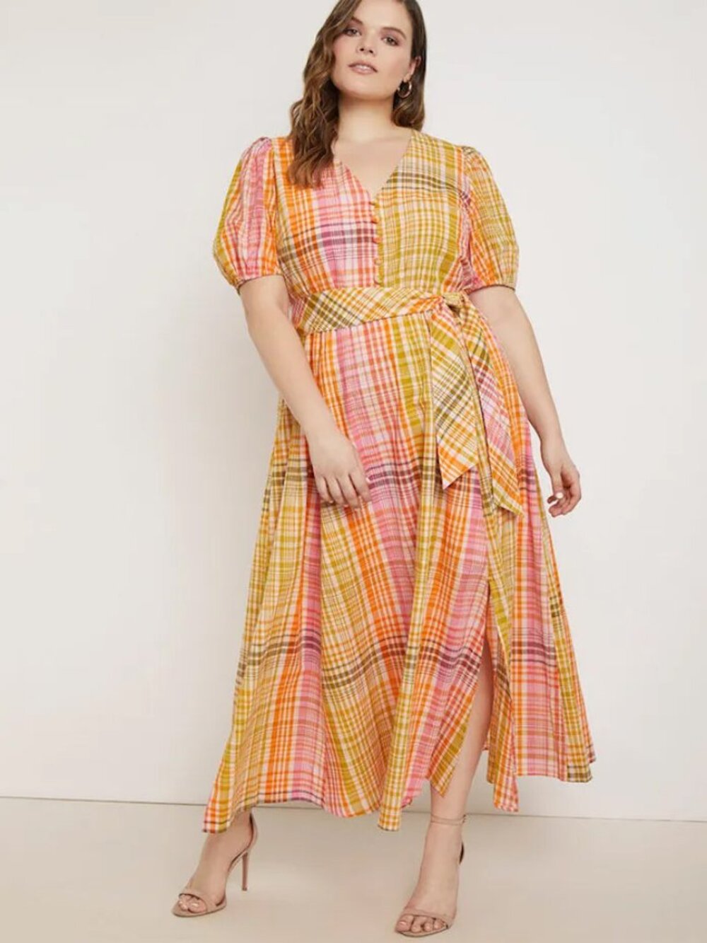 Eloquii Puff Sleeve Maxi Dress Pink Orange Plaid Spring Garden Party Plus Sz 14